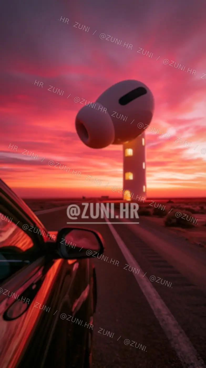 A giant earbud-shaped house with glowing windows beside a road under a pink sunset.