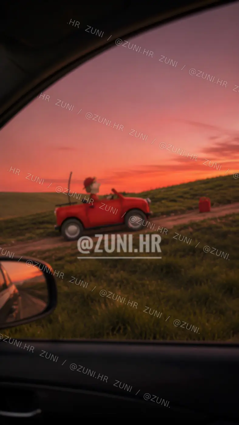 Hill Climb Racing's red car on a hillside at sunset, seen through a car window.