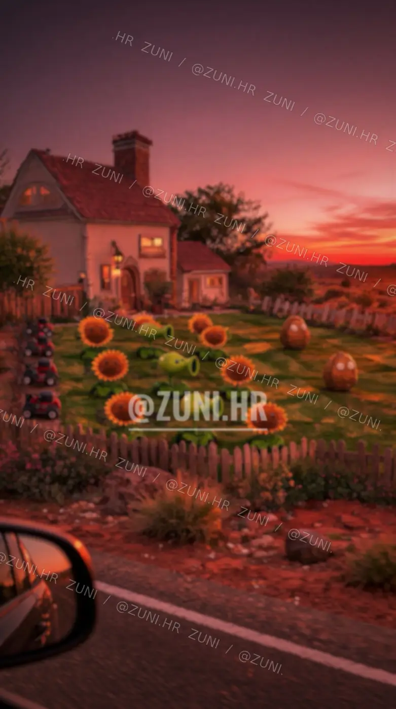 Sunflowers, Peashooters and Wall-nuts in a Plants vs. Zombies garden at dusk.